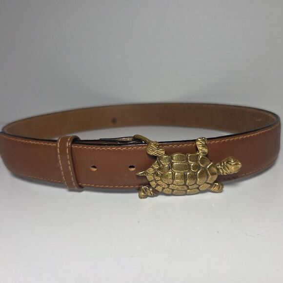 Vtg Turtle Belt Buckle Rawhide Leather Belt 29\